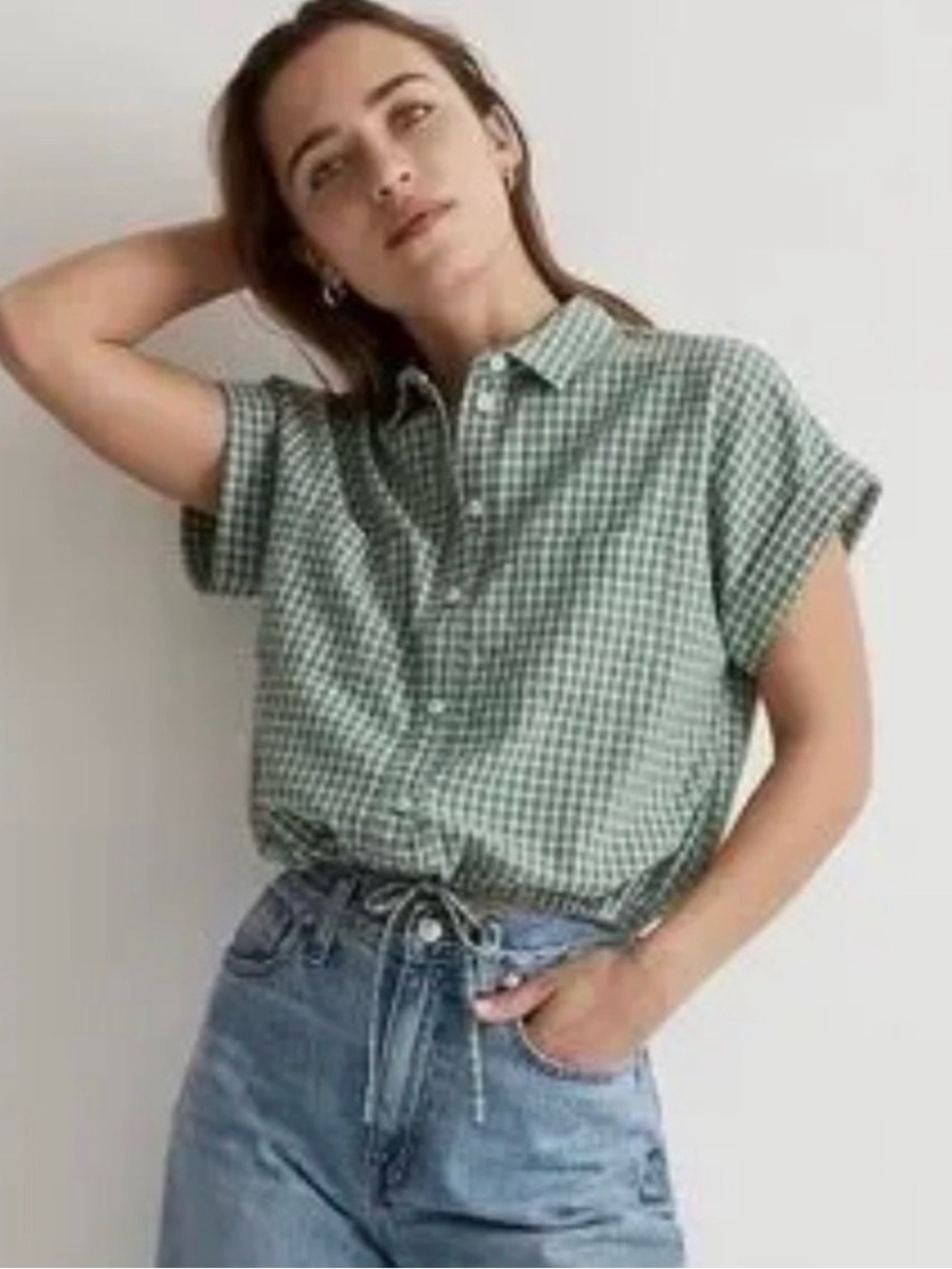Madewell Women’s Green Check Tie-Hem Button-Down Shirt EUC Size 2X 18-20 - Picture 2 of 9